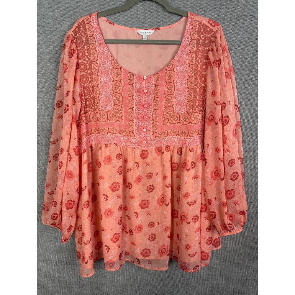 Lucky Brand Top Womens 2X Pink Red Floral Babydoll Popover Flowy Balloon Sleeve